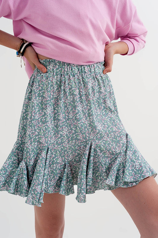 Floral flounce co-ord mini skirt in green - Skirts