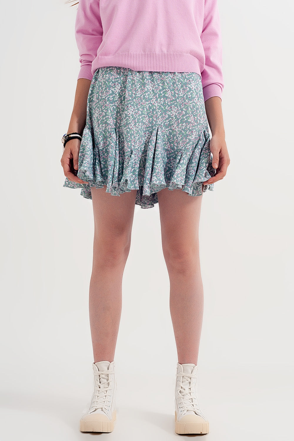 Floral flounce co-ord mini skirt in green - Skirts