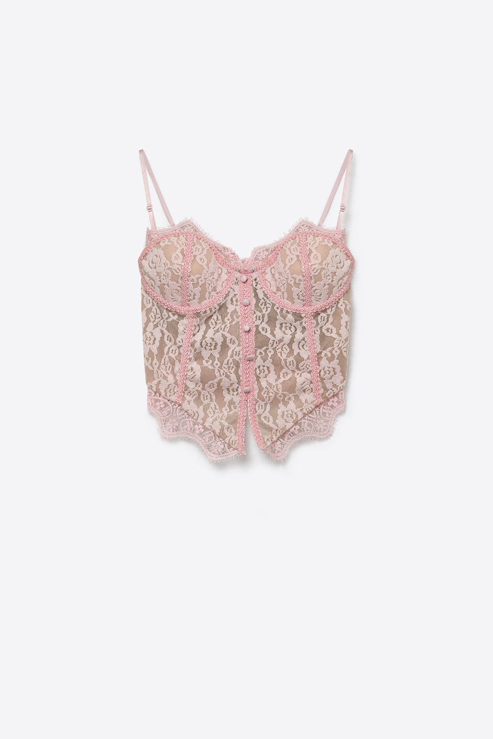 Floral Lace Sheer Button Detail Cropped Bustier Top in Light Pink