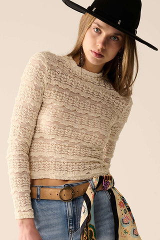 Floral Lace Top With Crew Neck in Cream