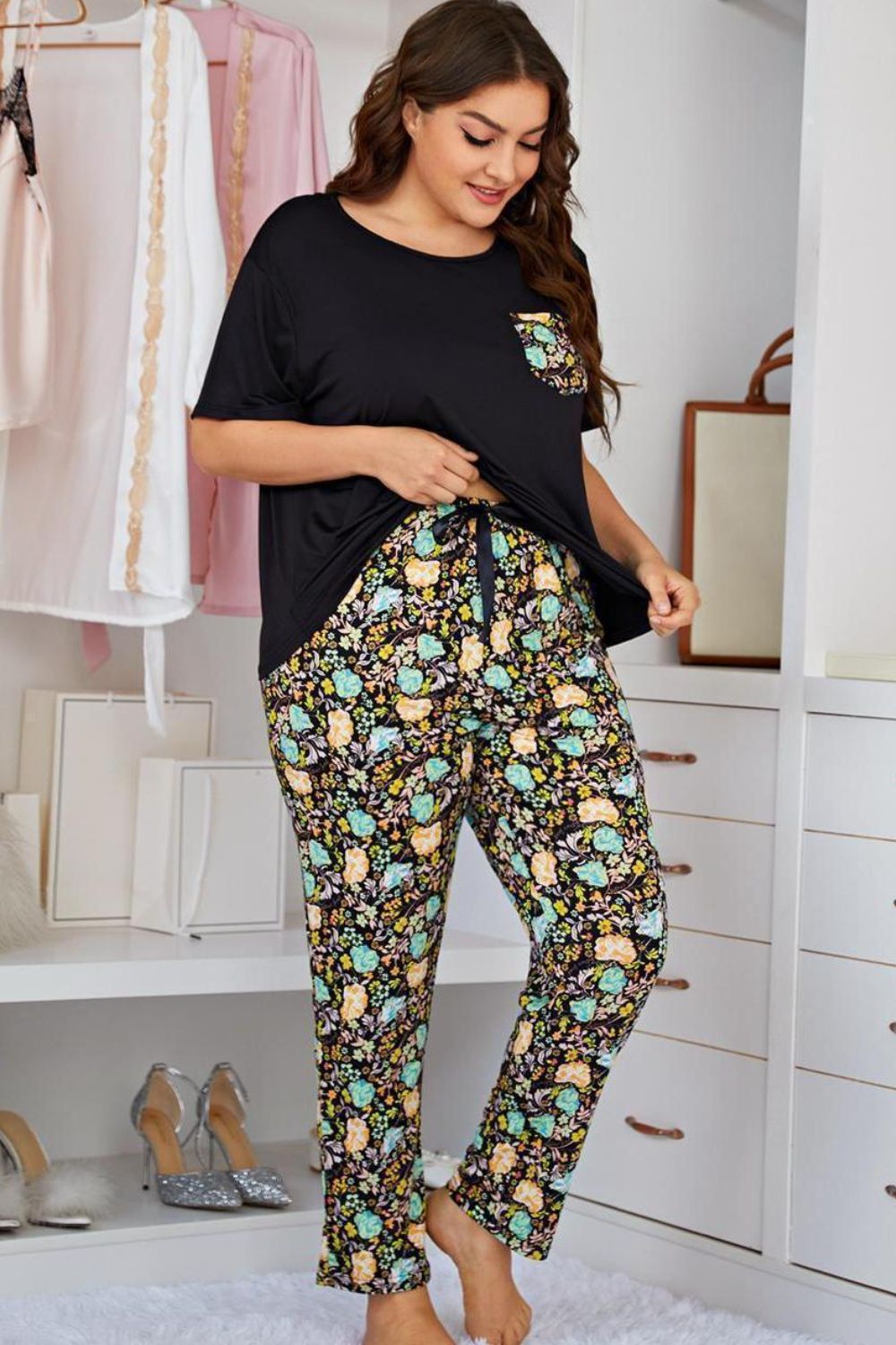 Trendsi Floral Pants and Round Neck Tee Lounge Set - Trousers
