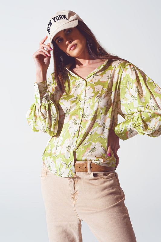 Floral Print chiffon Shirt in Green - Shirts