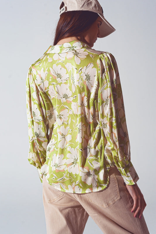 Floral Print chiffon Shirt in Green - Shirts