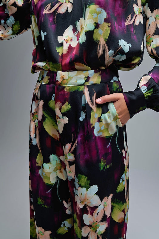 Floral-Print Flowing Pants in satin fabric with side pockets - Pants