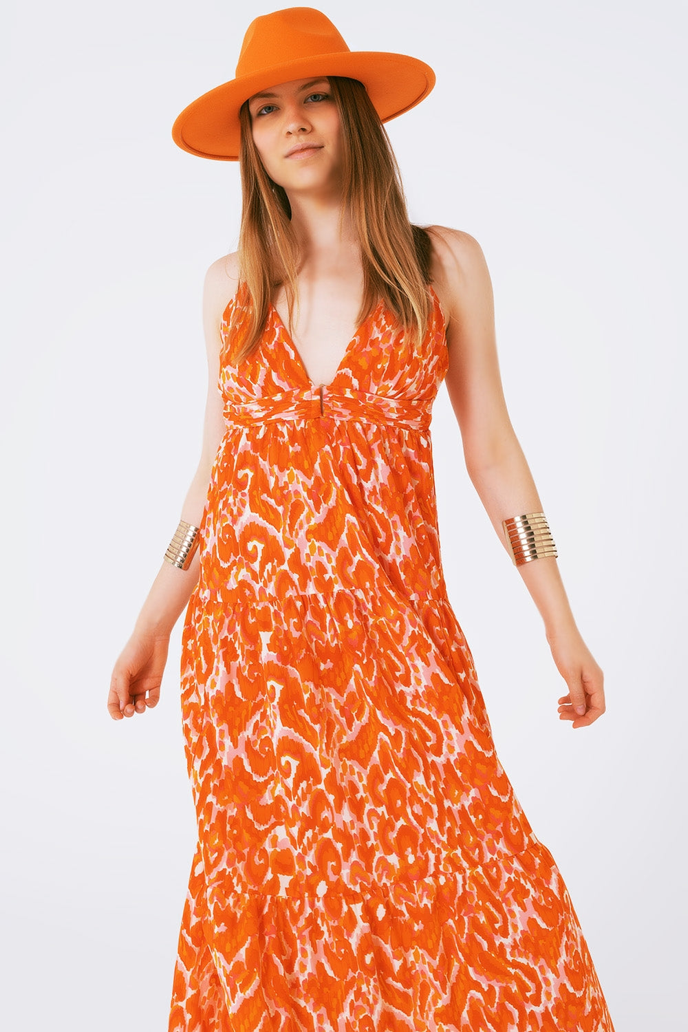 Floral Print Maxi Dress with V neck in orange - Dresses