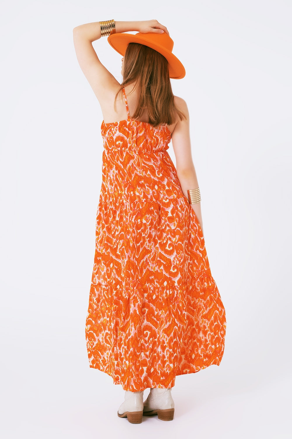 Floral Print Maxi Dress with V neck in orange - Dresses