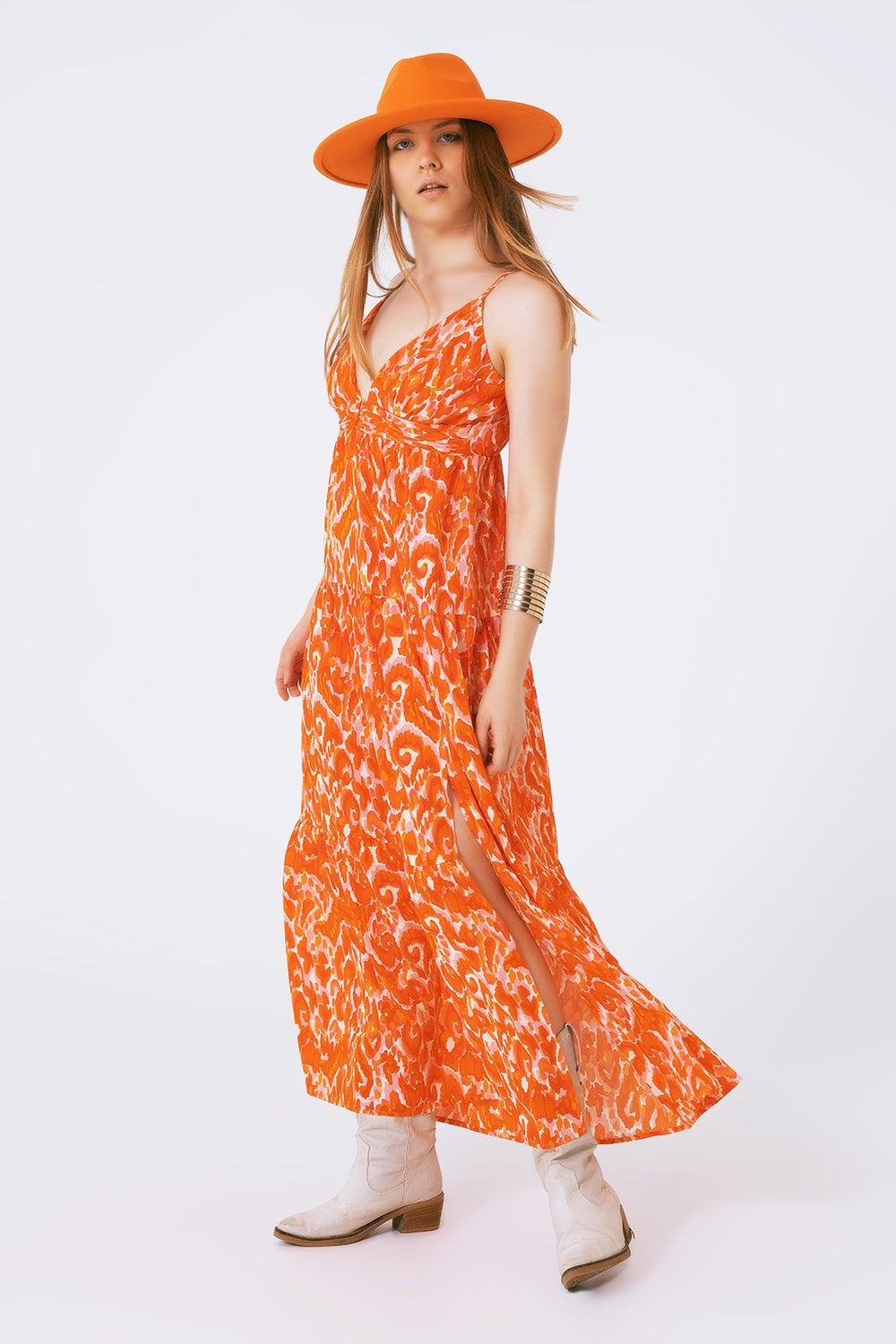 Floral Print Maxi Dress with V neck in orange - Dresses