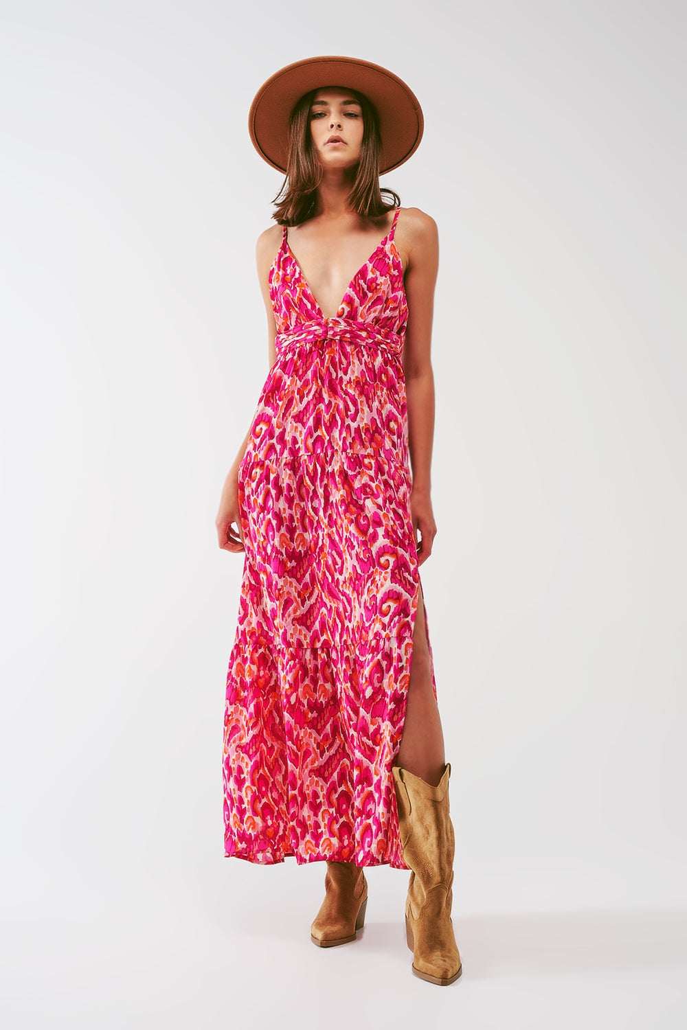 Floral Print Maxi Dress with V neck in Pink - Dresses