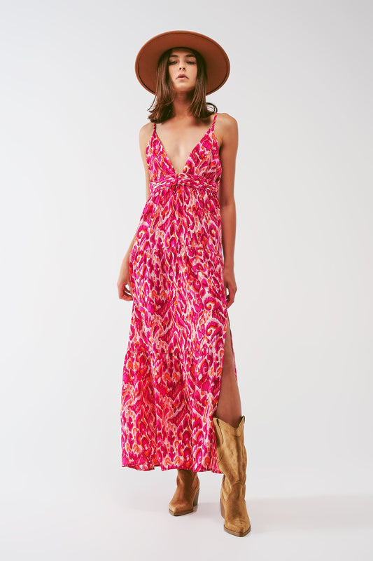 Floral Print Maxi Dress with V neck in Pink - Dresses