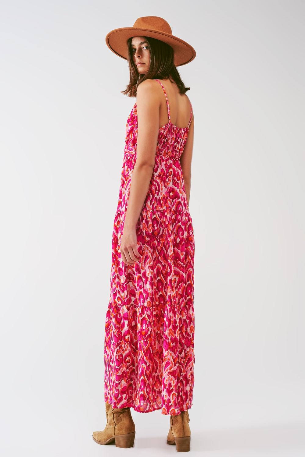 Floral Print Maxi Dress with V neck in Pink - Dresses