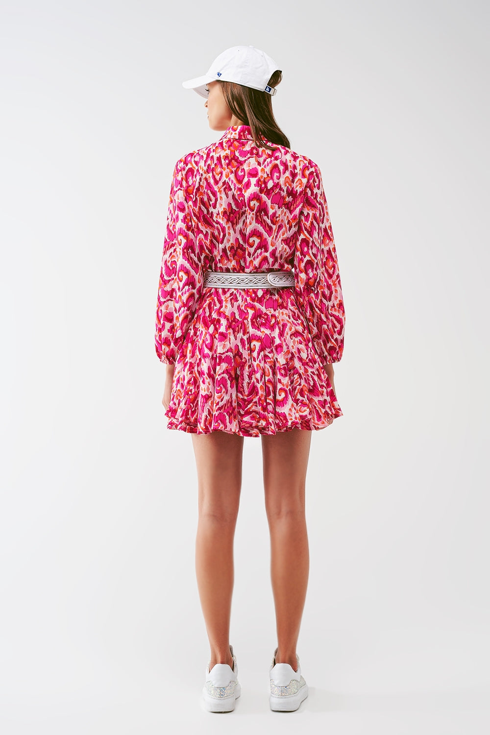 Floral Print Mini Pleated Dress in Pink - Dresses