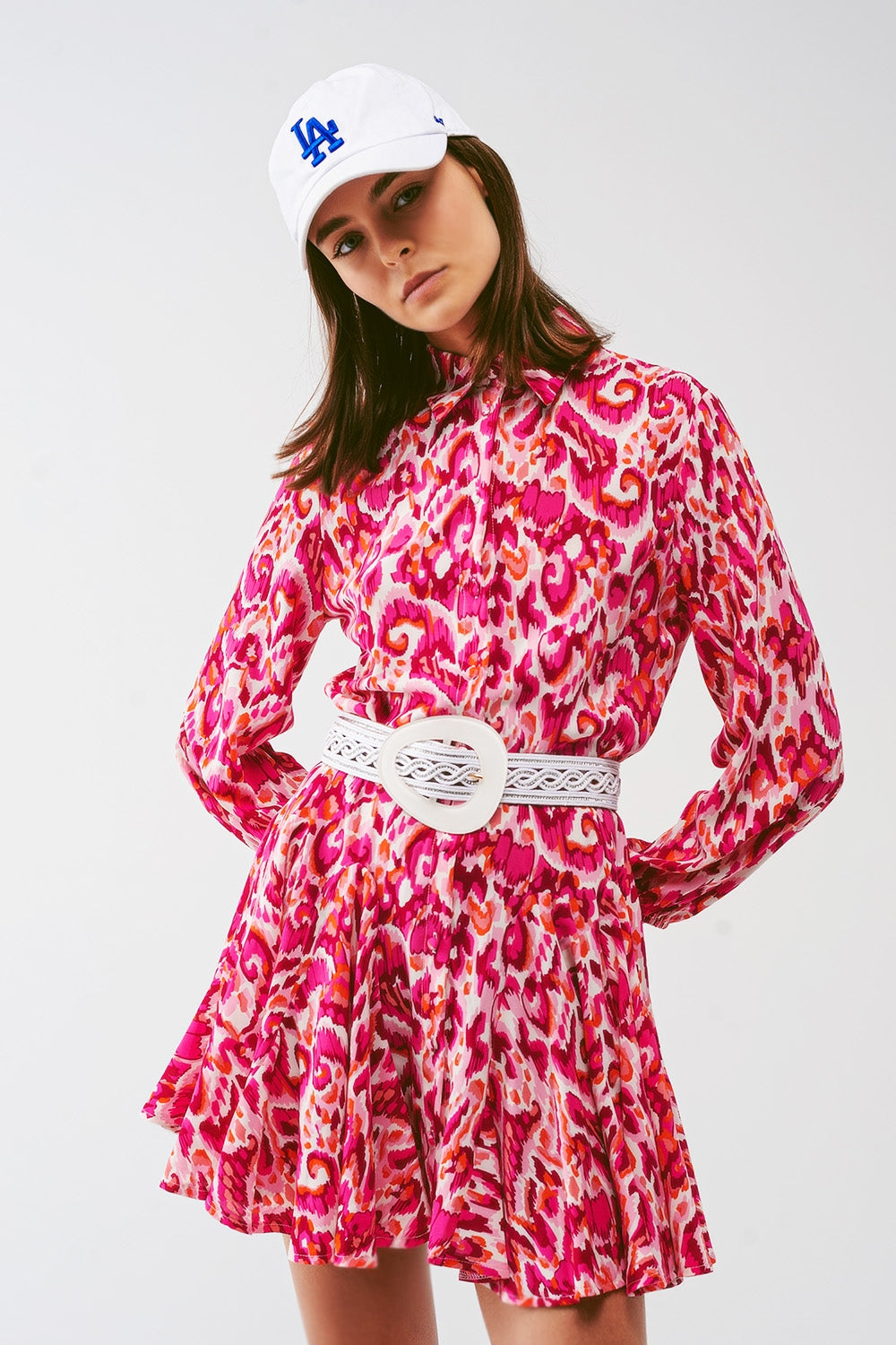 Floral Print Mini Pleated Dress in Pink - Dresses