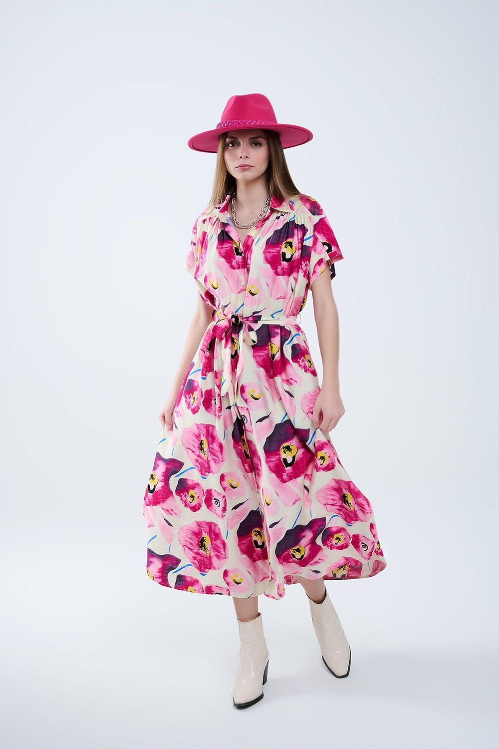Floral printed buttoned shirt dress in fuchsia - Dresses
