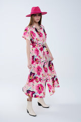Floral printed buttoned shirt dress in fuchsia
