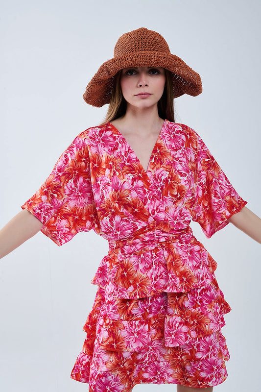 Floral printed Dress With Pink Orange and Red Tones - Dresses
