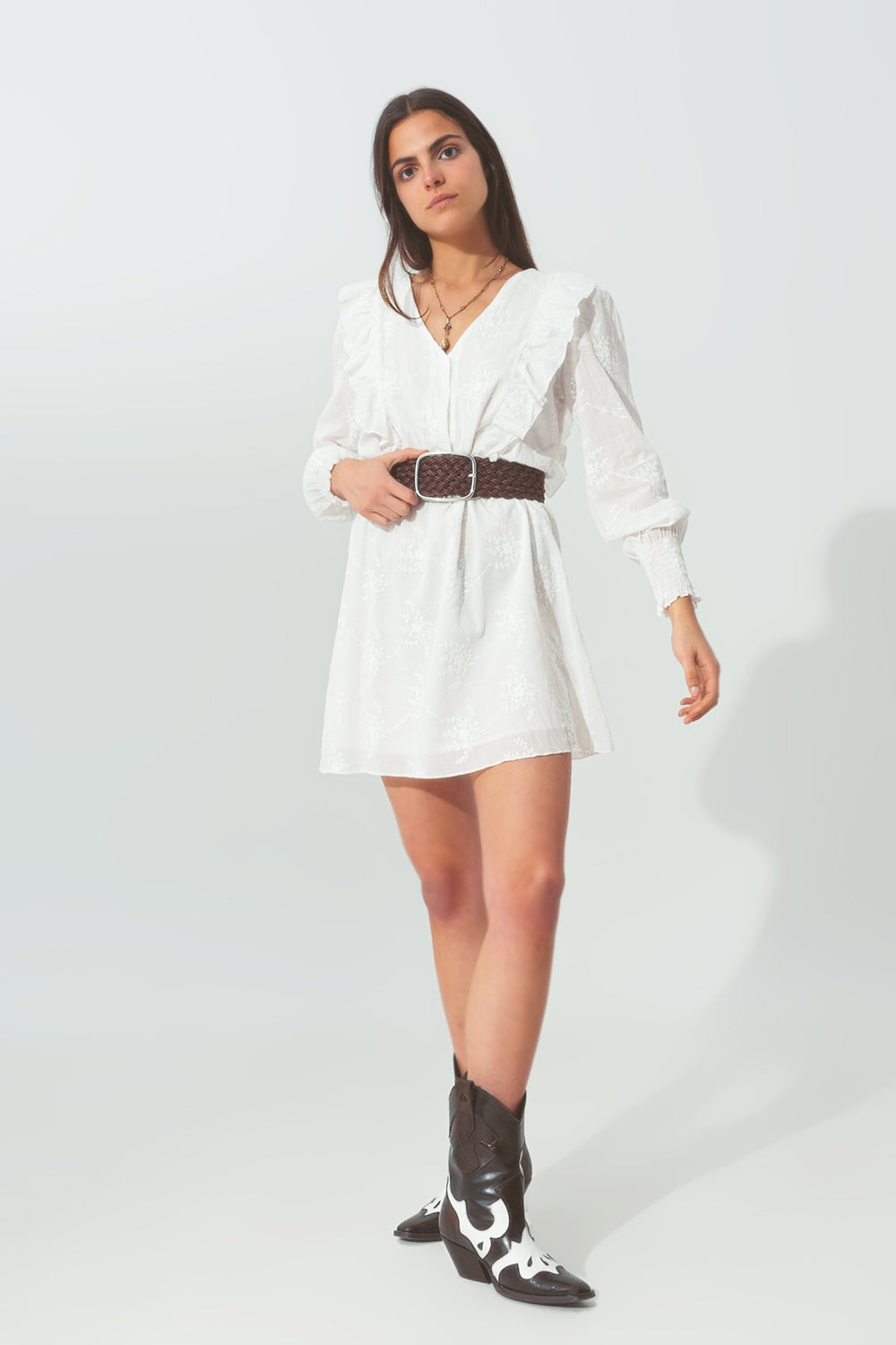 Floral Ruffle Mini Dress in White - Dresses