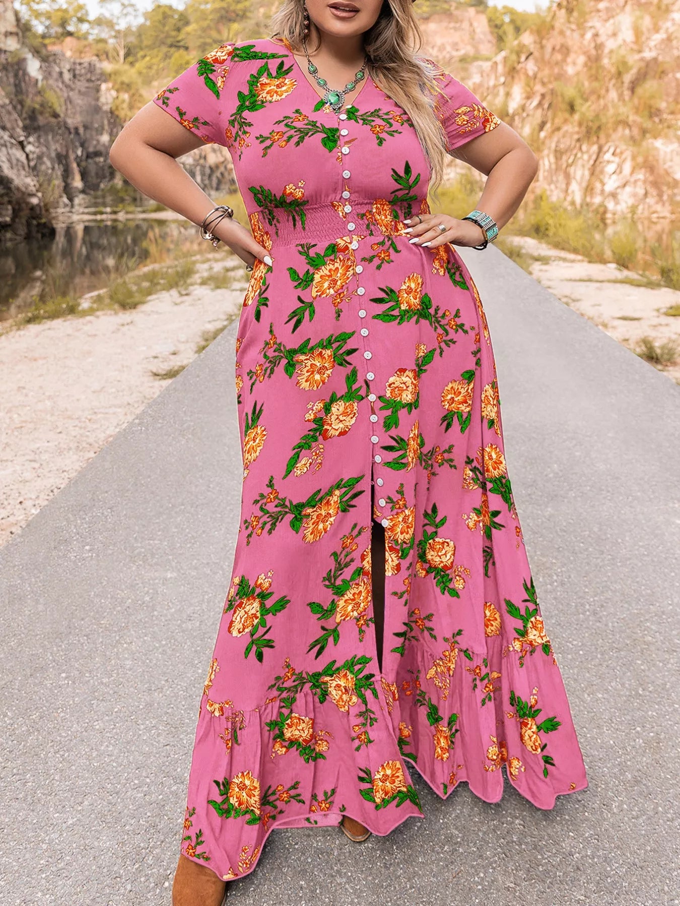 Plus Size Floral V-Neck Short Sleeve Maxi Dress - Dresses