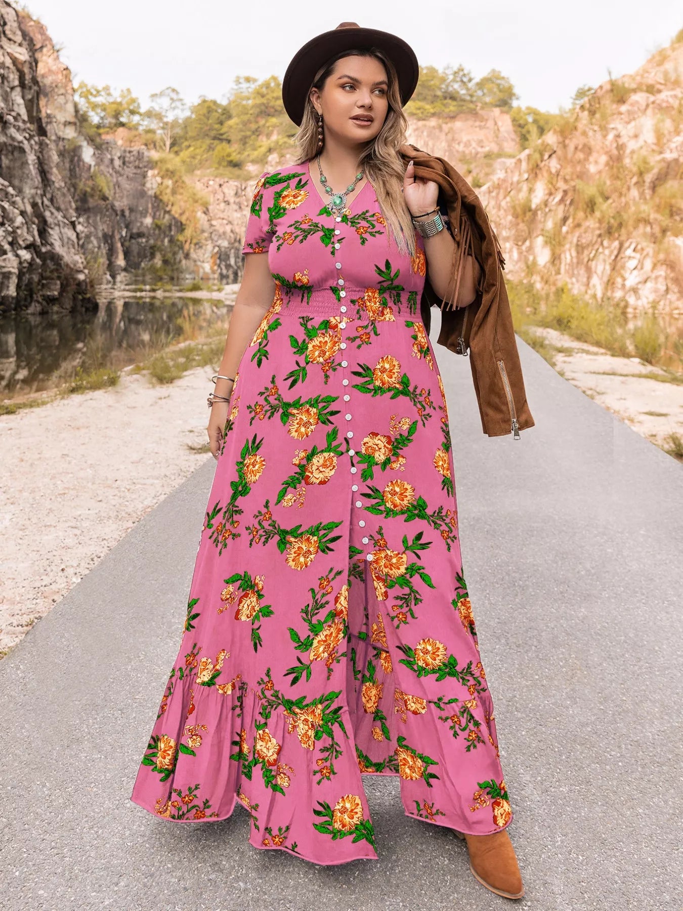 Plus Size Floral V-Neck Short Sleeve Maxi Dress - Dresses