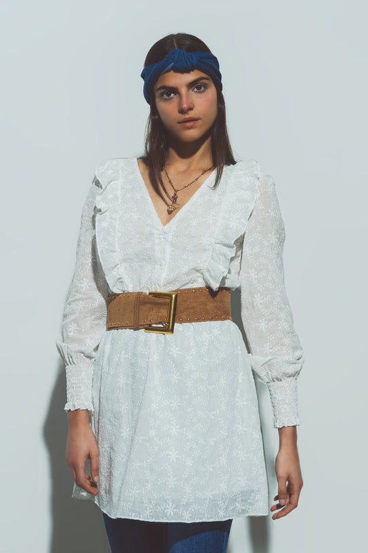 Floral Textured Mini Dress in White - Dresses