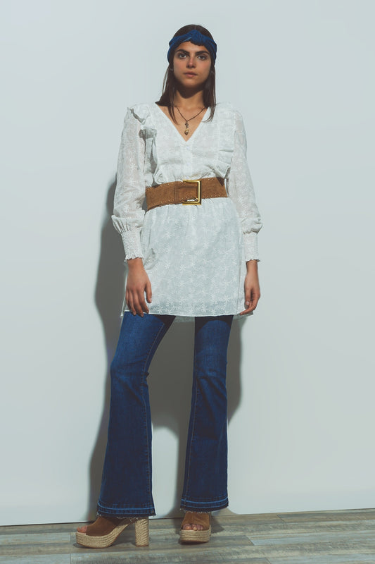 Floral Textured Mini Dress in White - Dresses