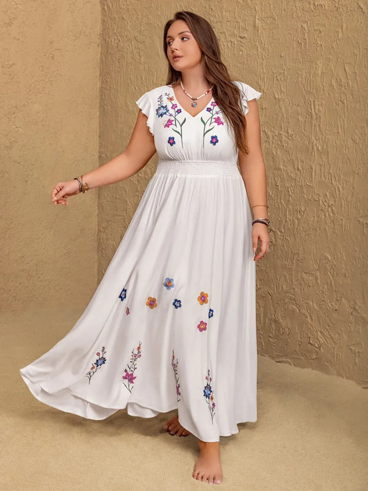 Floral V-Neck Dress for Curvy Women White - Dresses