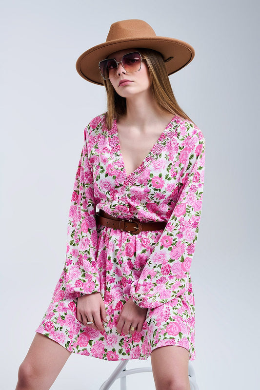 Floral V-Neck Dress with Pink Blooms and Green Accents - Dresses