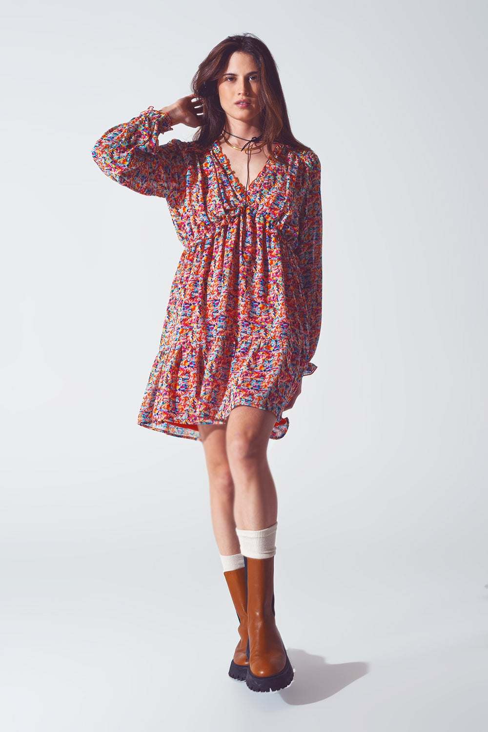 Floral V Neck Mini Dress in Multicolour - Dresses