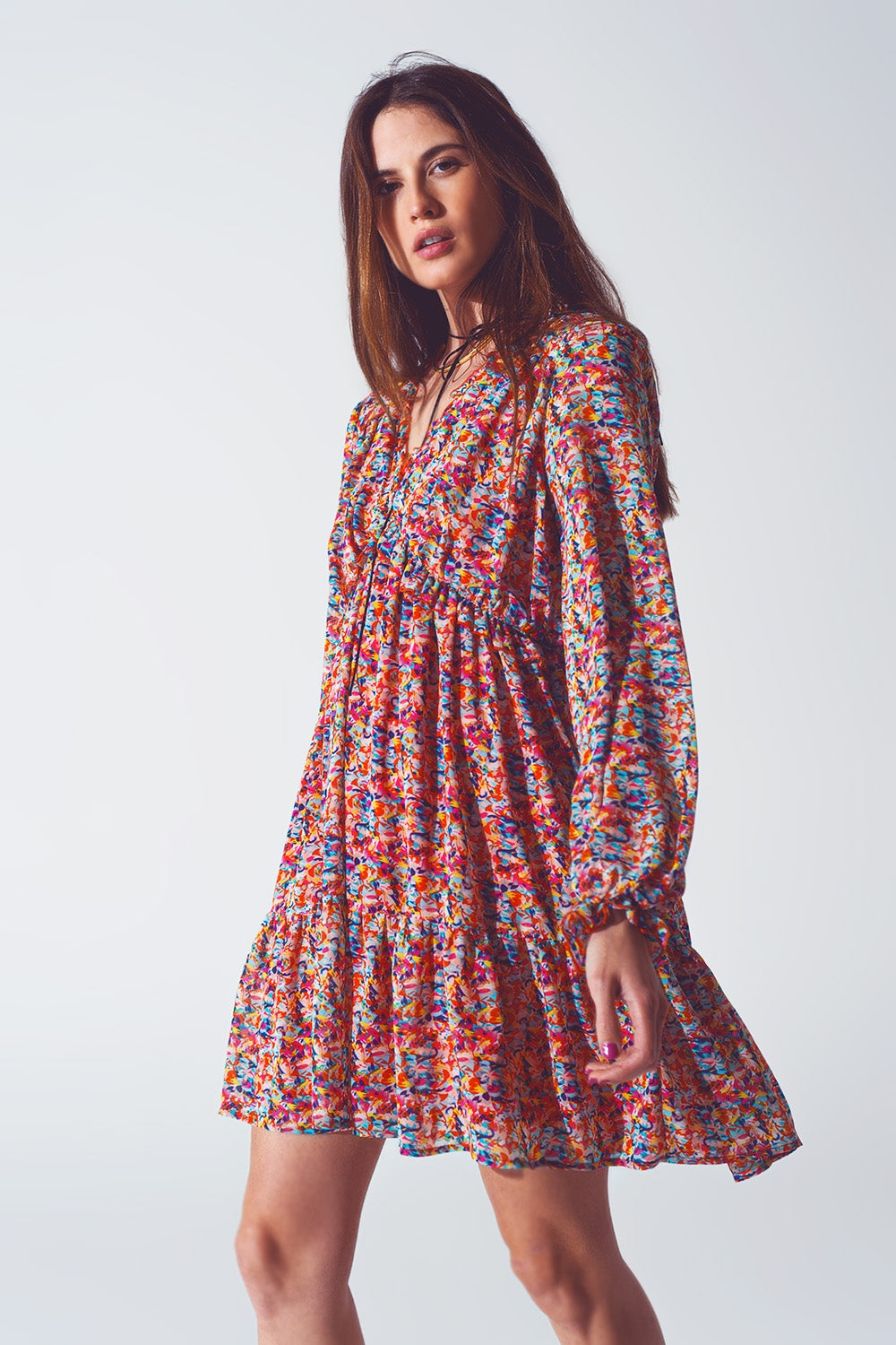 Floral V Neck Mini Dress in Multicolour - Dresses