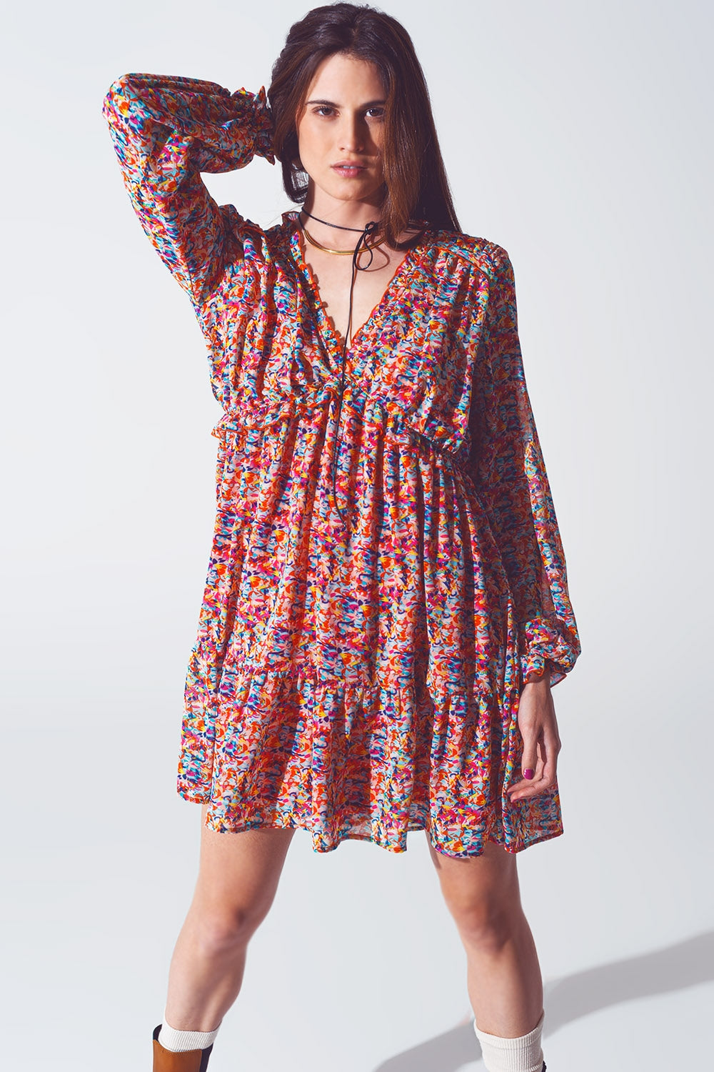 Floral V Neck Mini Dress in Multicolour - Dresses