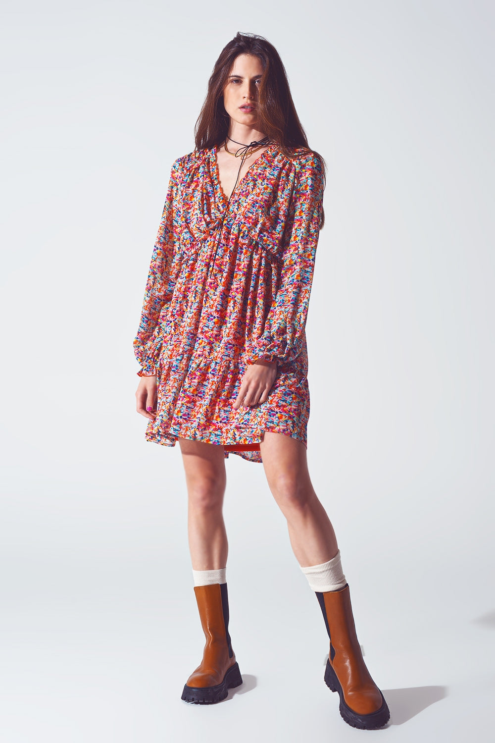 Floral V Neck Mini Dress in Multicolour - Dresses