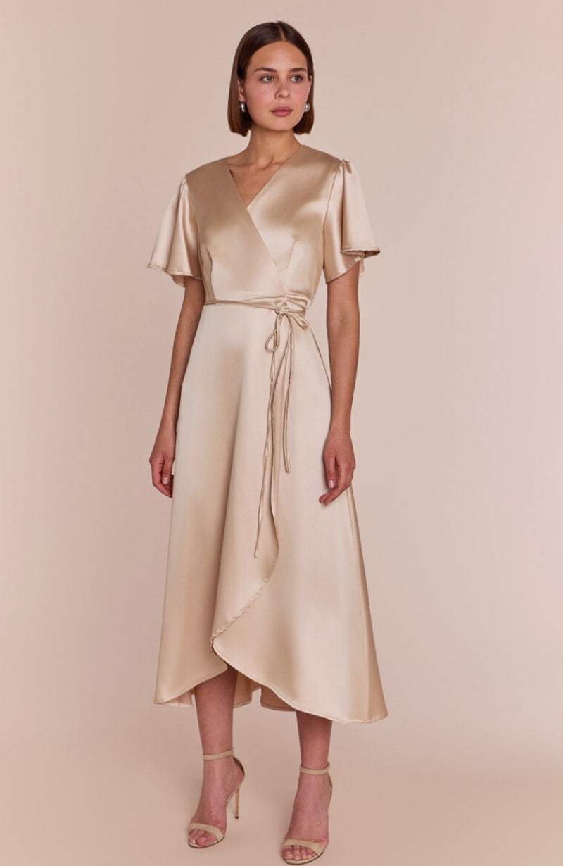 Florence Waterfall Dress in Champagne Satin - Dress