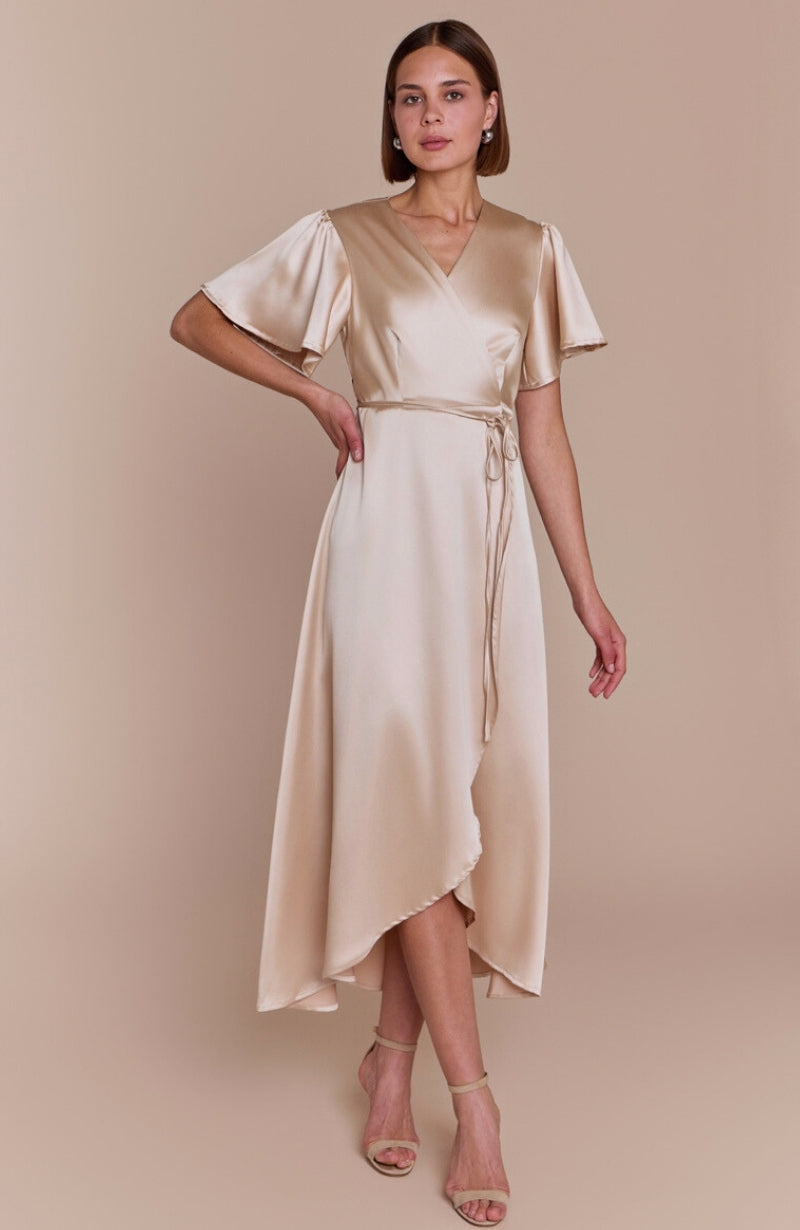 Florence Waterfall Dress in Champagne Satin - Dress