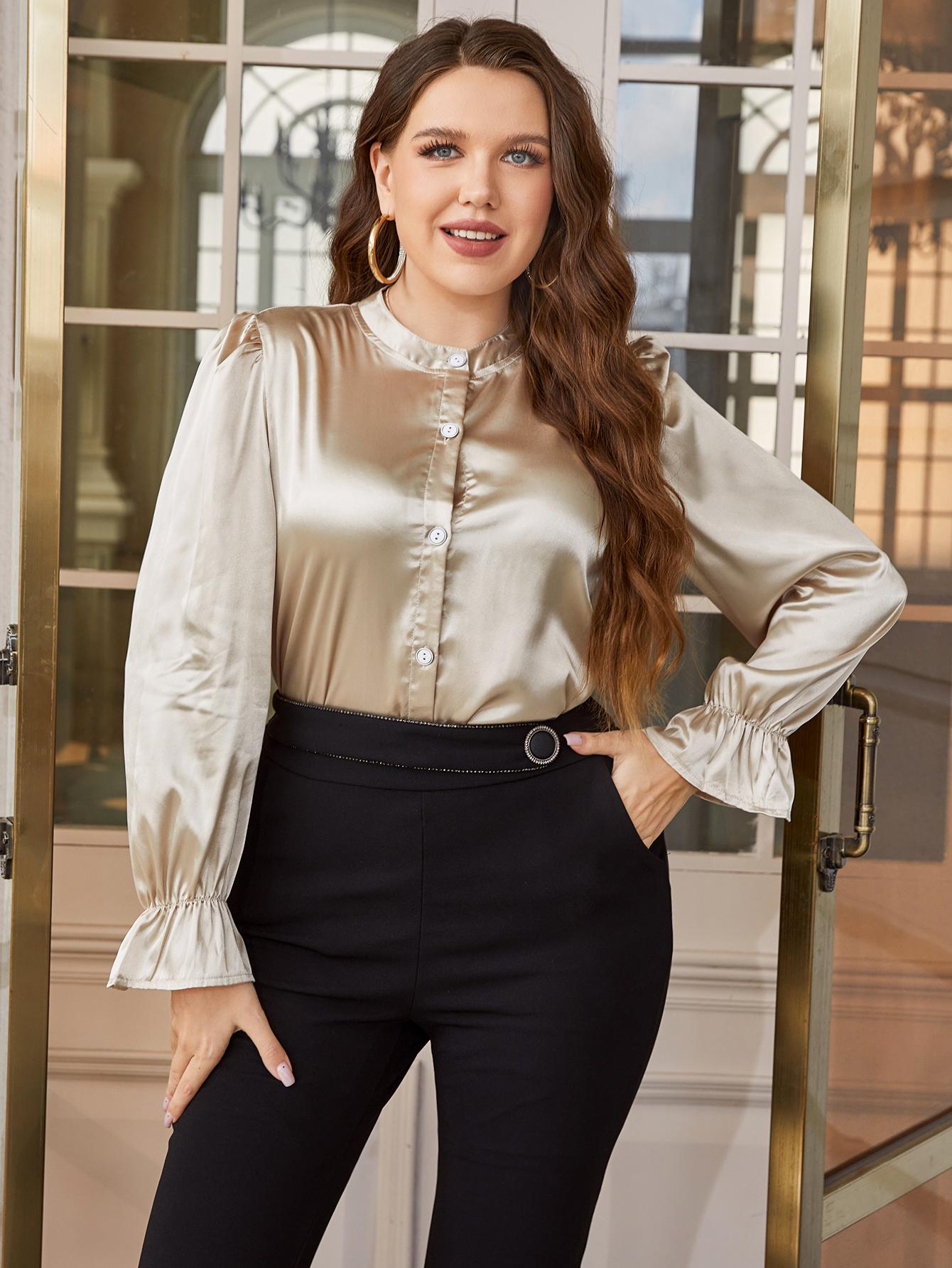 Plus Size Flounce Sleeve Band Collar Shirt Gold - Blouses