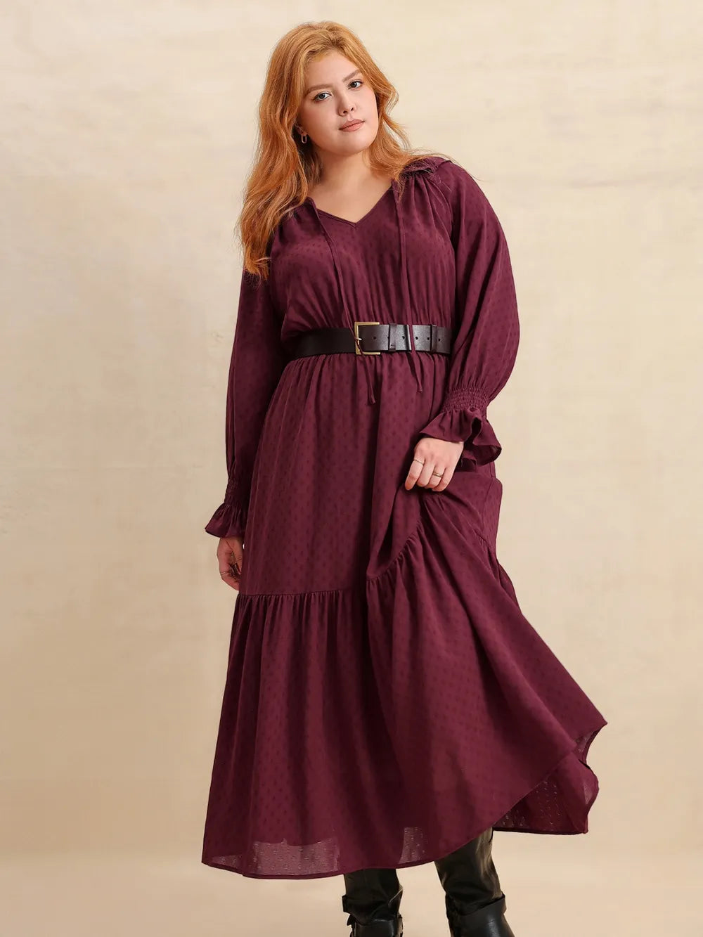 Trendsi Flounce Sleeve Maxi Dress for Curvy Women Burgundy -