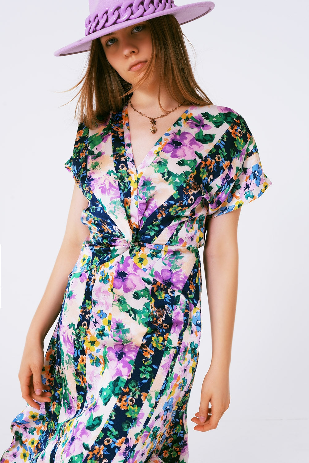 Flower Print Front Knot Maxi Dress in Purple and Green Multicolour - Dresses