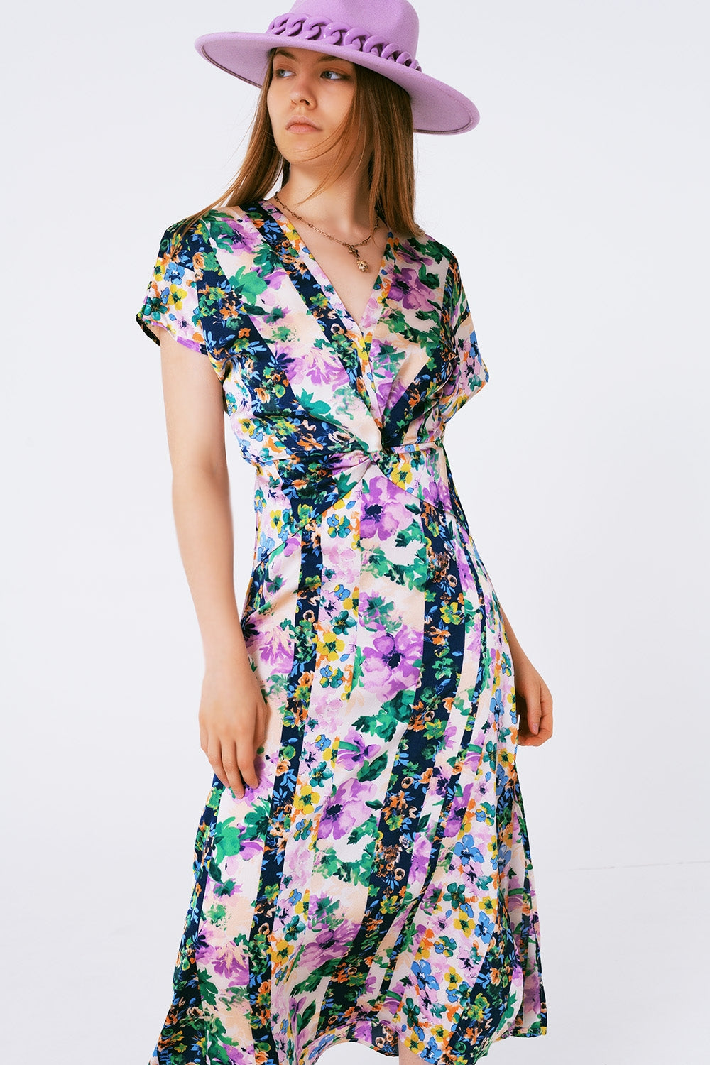 Flower Print Front Knot Maxi Dress in Purple and Green Multicolour - Dresses