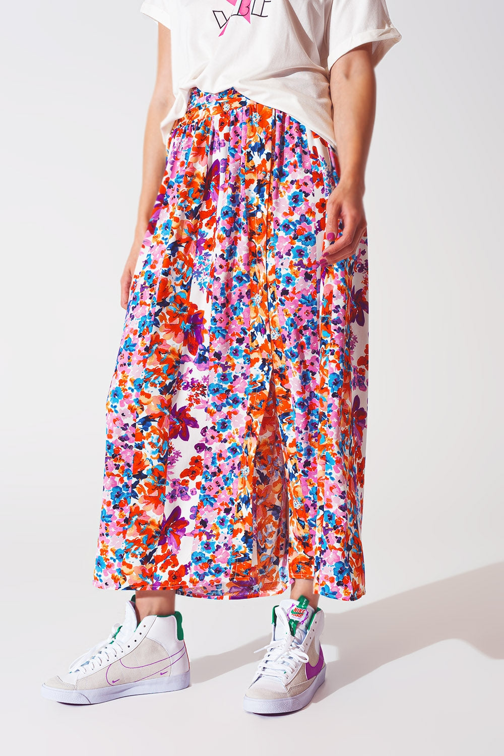 Flower Print Pleated Midi Skirt - Skirts