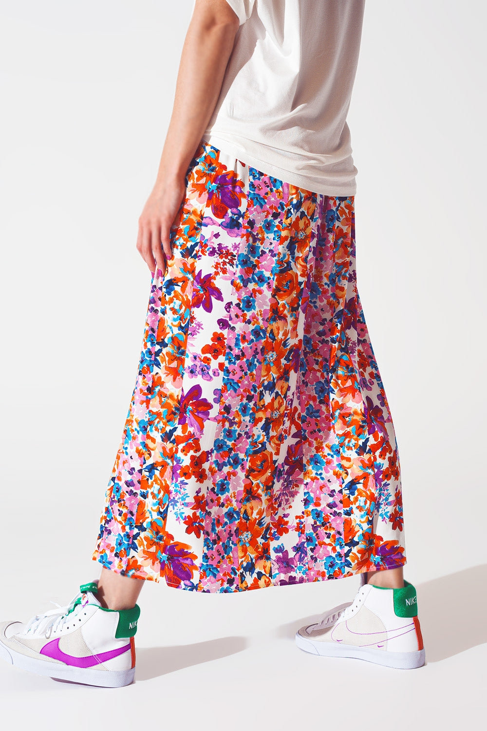 Flower Print Pleated Midi Skirt - Skirts