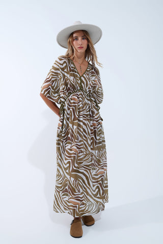 Robe longue fluide en mousseline kaki à imprimé zèbre avec cordon de serrage à la taille