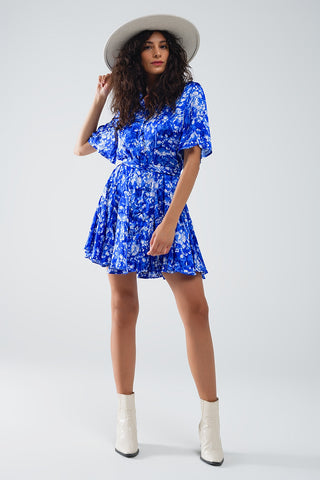 Flowy Short Shirt Dress With Angel Sleeves in Blue Abstract Print