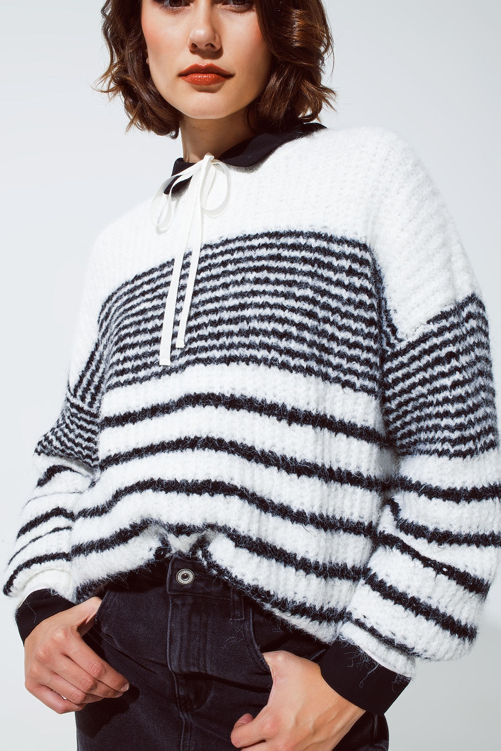 Fluffy Crew Neck Sweater With thin Black Stripes in White - Jumpers