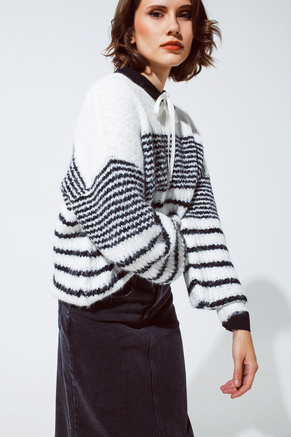 Fluffy Crew Neck Sweater With thin Black Stripes in White - Jumpers