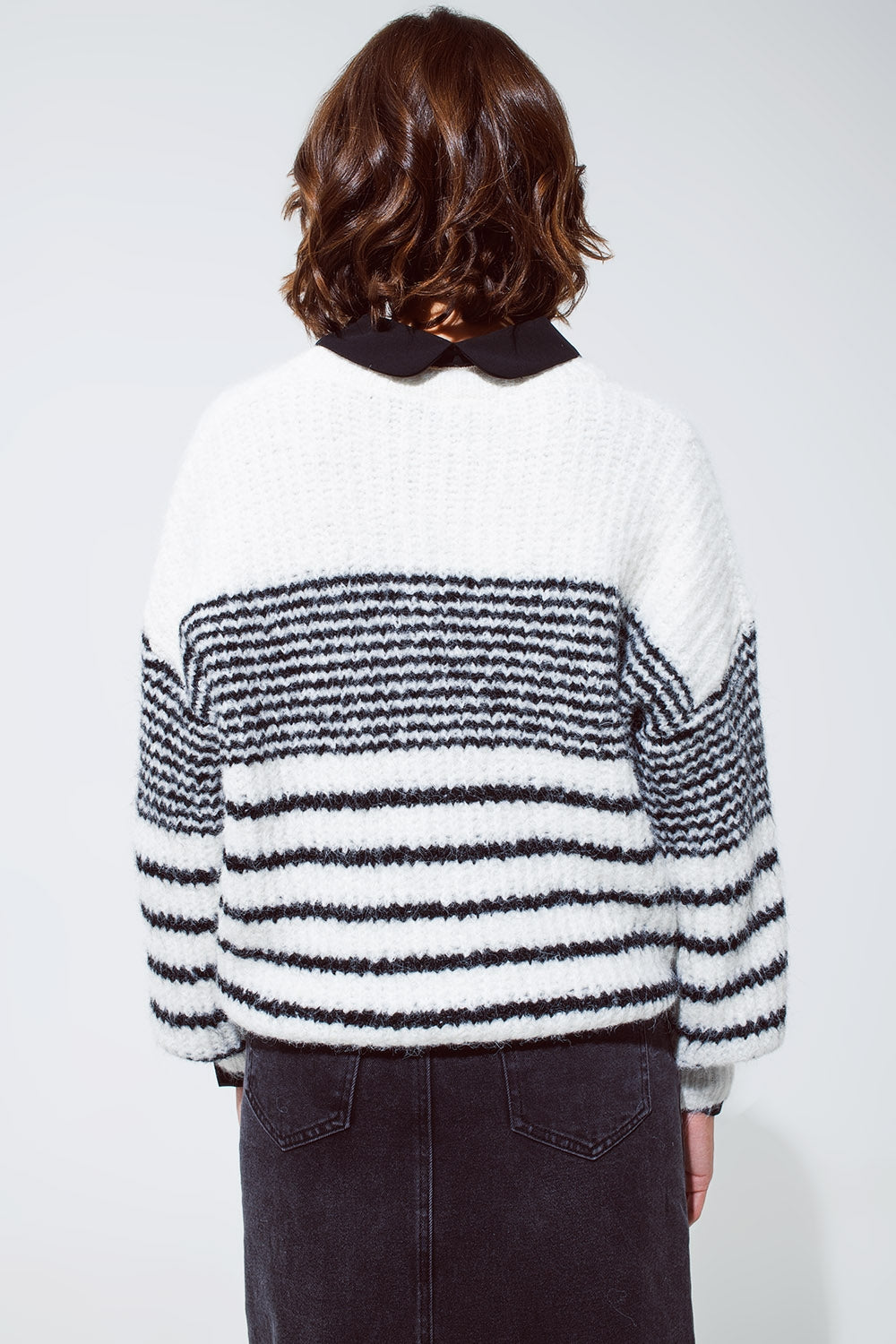 Fluffy Crew Neck Sweater With thin Black Stripes in White - Jumpers