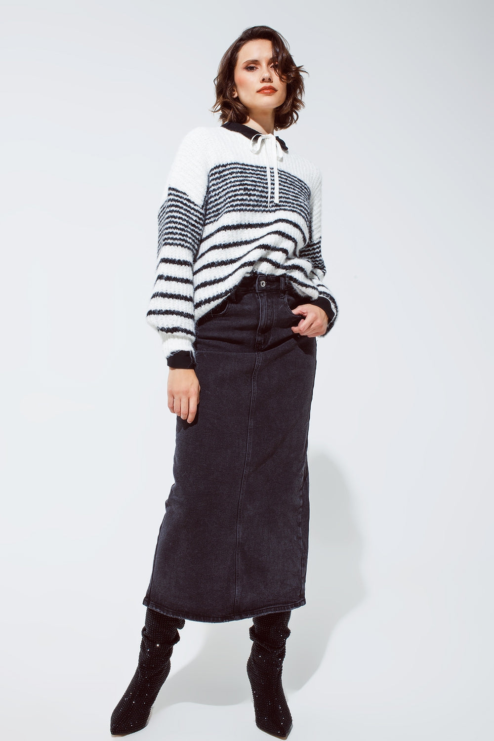 Fluffy Crew Neck Sweater With thin Black Stripes in White - Jumpers
