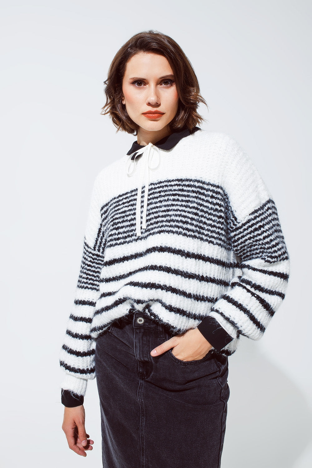 Fluffy Crew Neck Sweater With thin Black Stripes in White - Jumpers