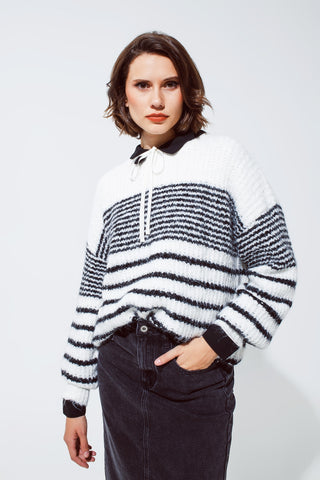 Fluffy  Crew Neck Sweater With thin Black Stripes in White