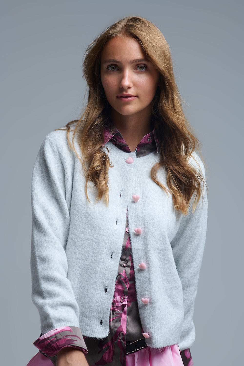 fluffy Gray Cardigan with Heart Buttons - Sweaters