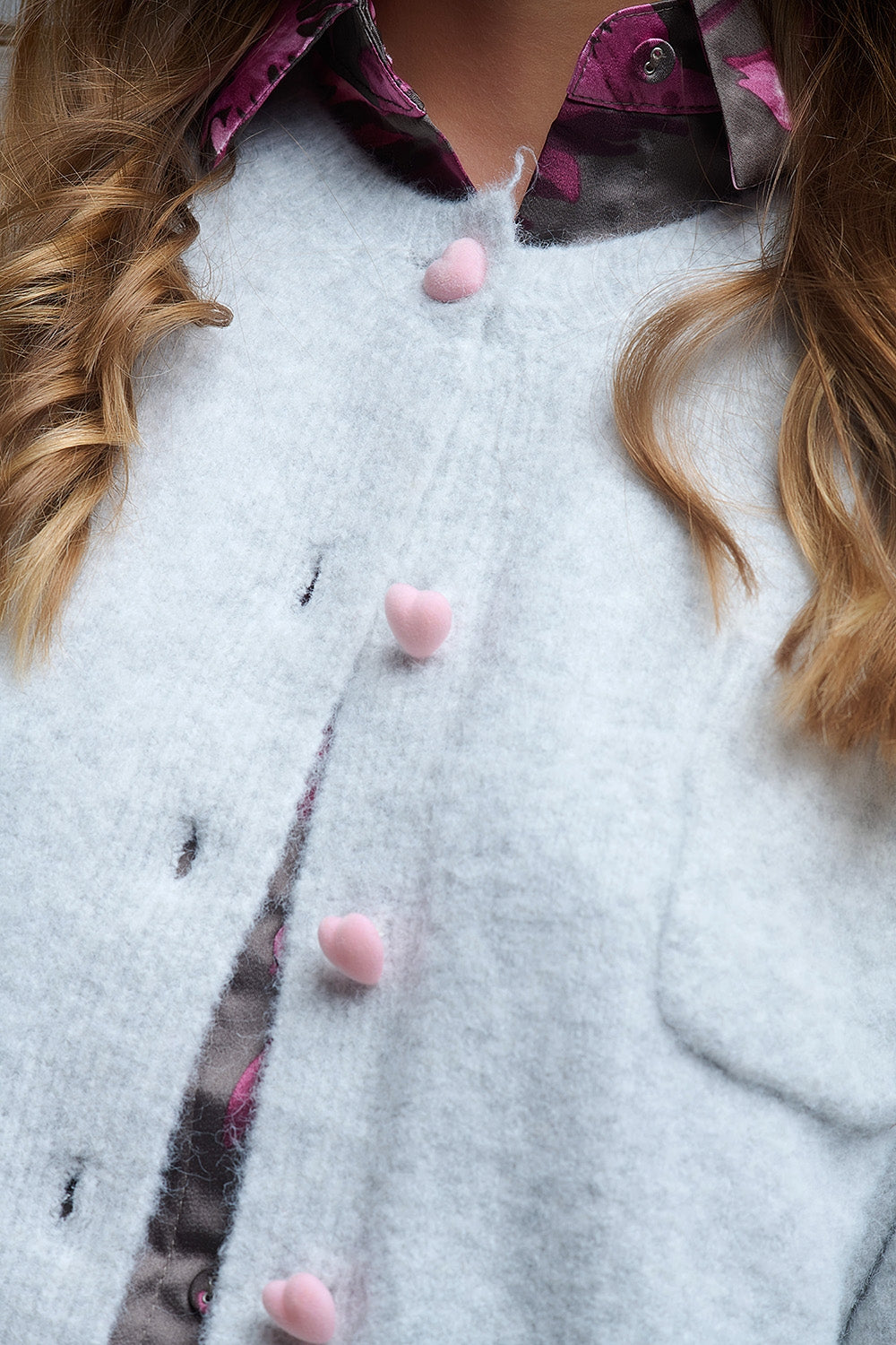 fluffy Gray Cardigan with Heart Buttons - Sweaters
