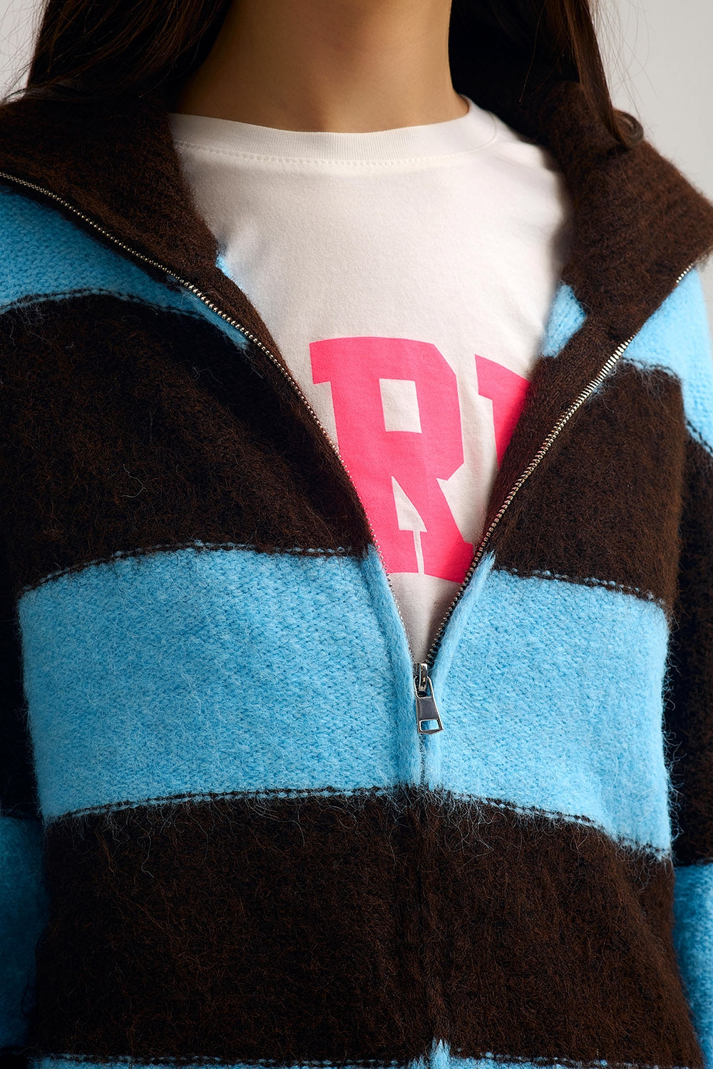 Stylish Fluffy Knitted Zip-Up Jacket in Blue and Brown Stripes, perfect for casual wear