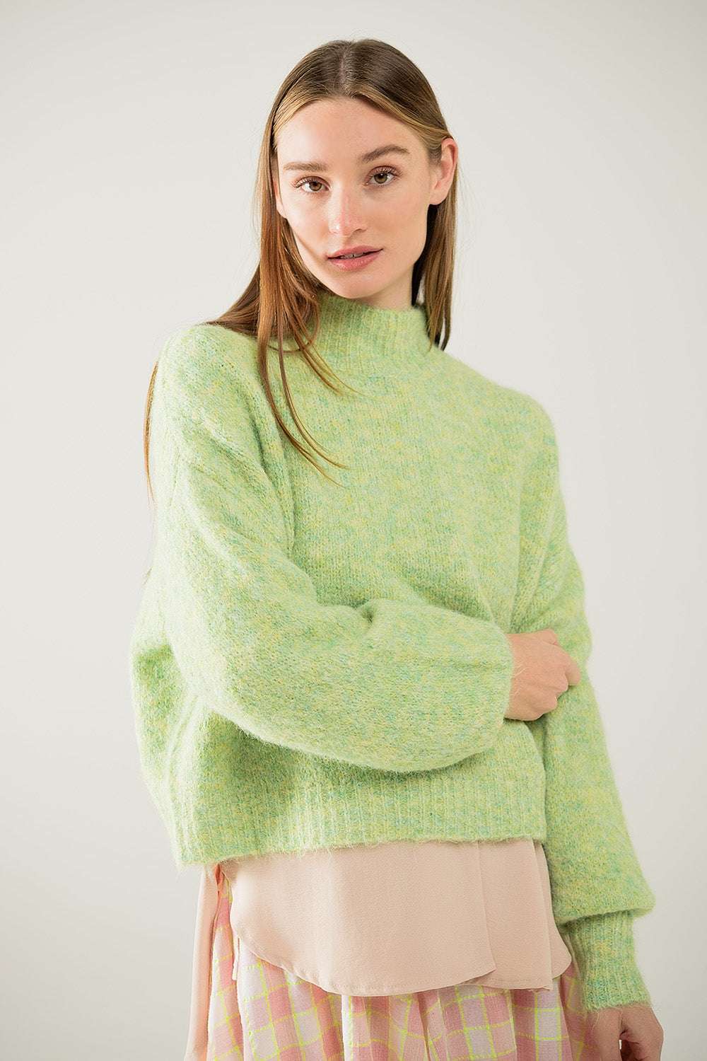 Fluffy light green sweater with high neck and balloon sleeves - Jumpers